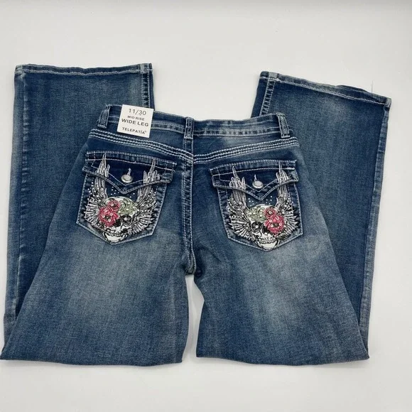 TELEPATIA Womens Blue Wash Wide Leg Mid Rise Jeans Size 11 30 Embellished Pocket - Picture 7 of 9